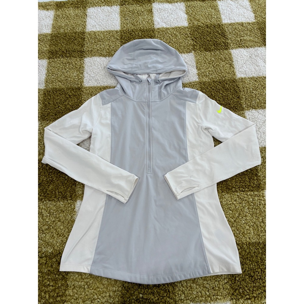 Nike Pro Dri-FIT Womens Large Half‎ Zip Hoodie White Grey Thumbholes Activewear
